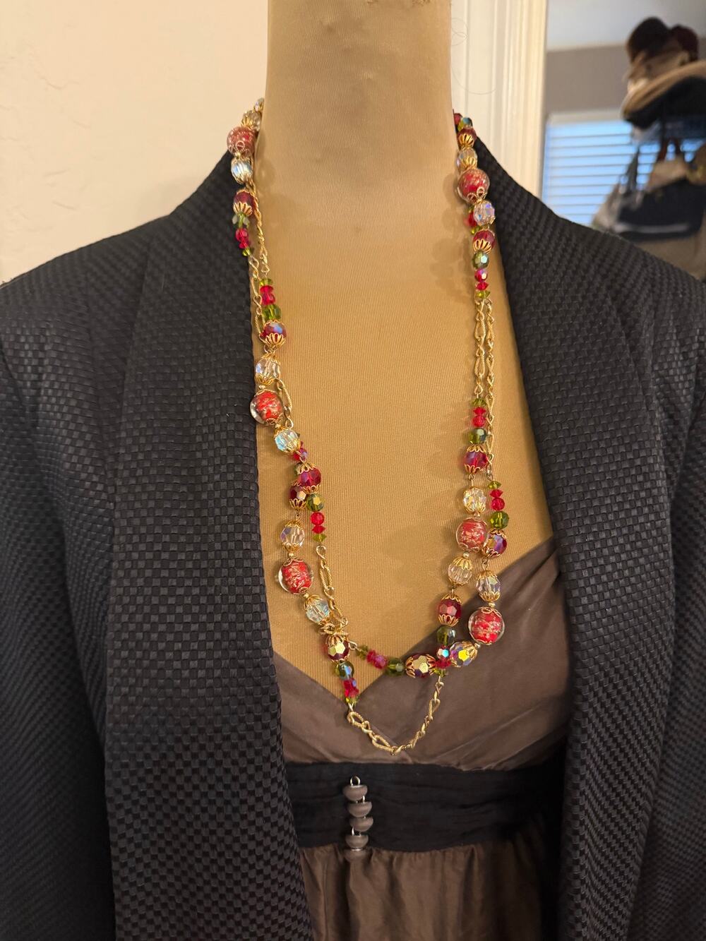 Vintage Beaded necklace red,green and opalescent costume jewelry